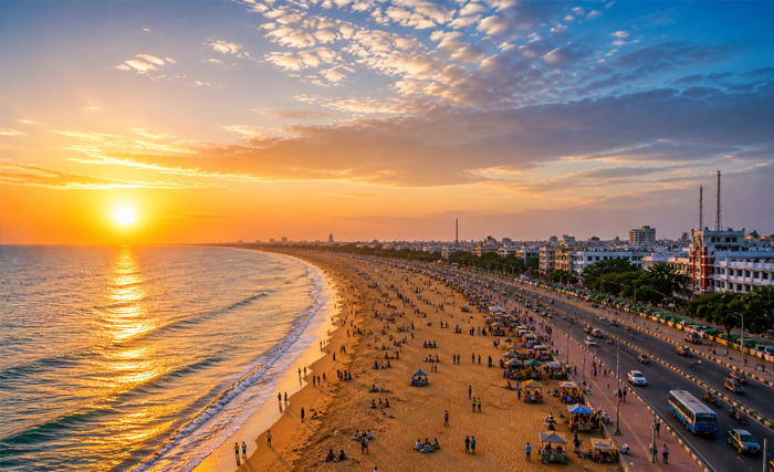 Wide sandy shoreline and promenade along the Bay of Bengal